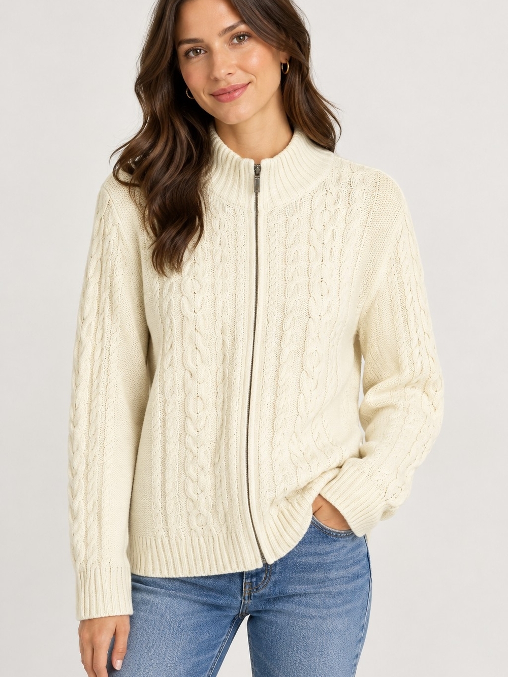L.L. Bean Cable-Knit Zip Cardigan Cream Women's Sz XL Timeless Classic Neutral